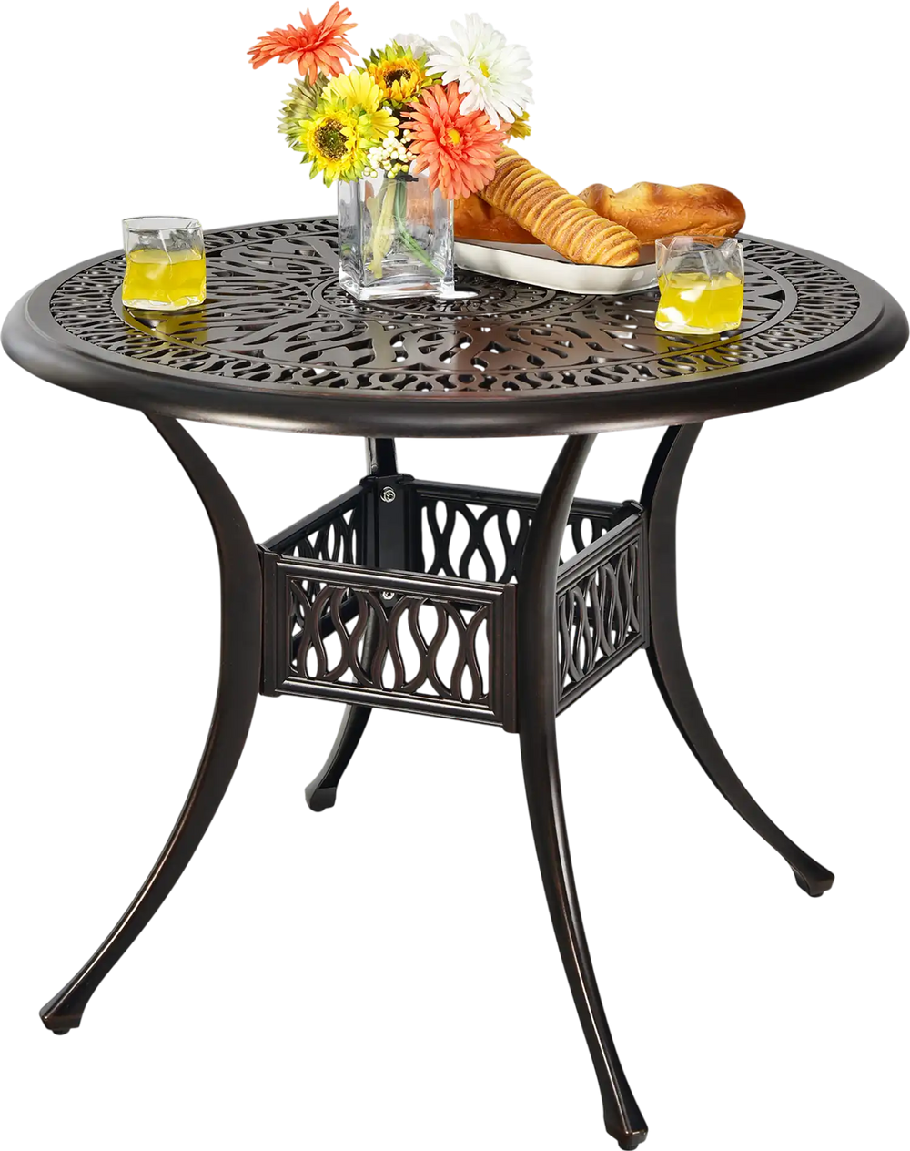 Round 36-inch patio dining bistro table in brown with elegant patterns, featuring an umbrella hole for outdoor use.