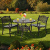 Round 36-inch brown patio dining bistro table with umbrella hole and elegant patterns, perfect for outdoor settings.