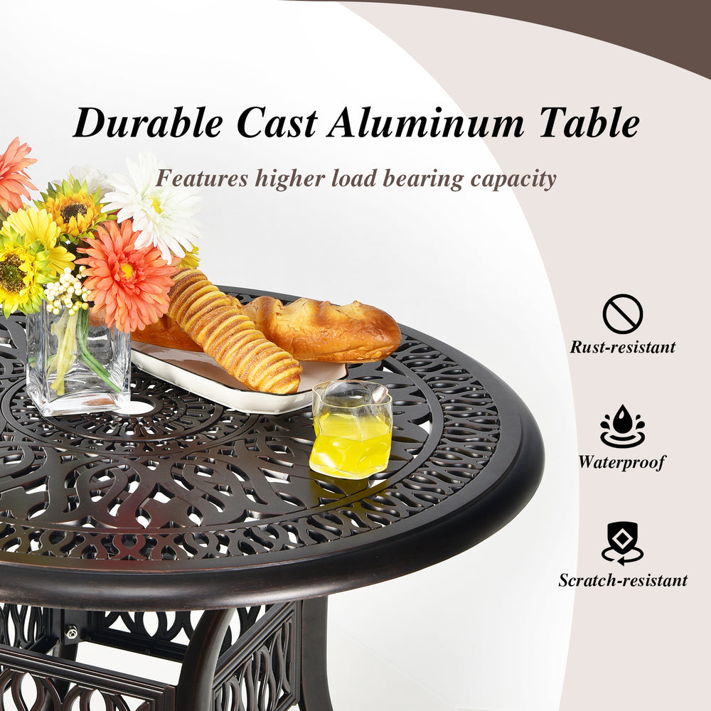 36-inch brown patio round dining bistro table with umbrella hole, made of durable cast aluminum for outdoor use.