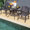 Two outdoor cast aluminum chairs with armrests and curved seats, perfect for patio and poolside relaxation.