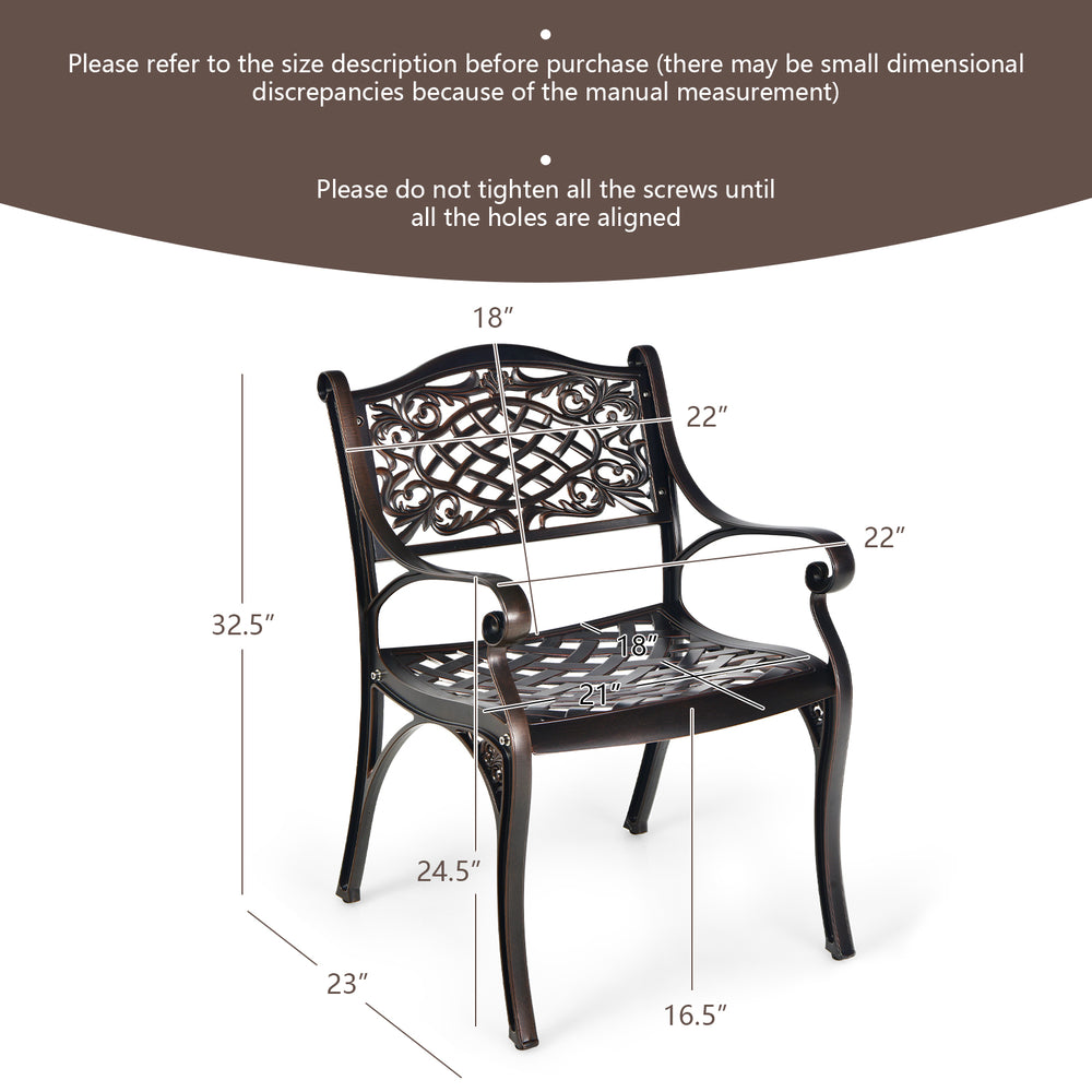 Outdoor cast aluminum chair with armrests, curved seat, and adjustable foot pads, ideal for patio and garden use.