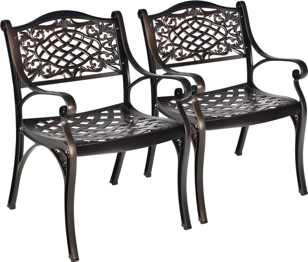 Two outdoor cast aluminum chairs with armrests, featuring a hollow-out design, perfect for patio and garden use.