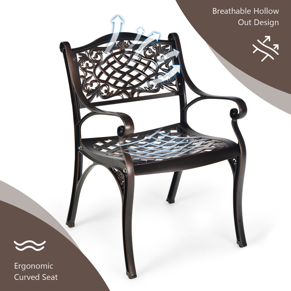Outdoor cast aluminum chair with ergonomic curved seat and breathable hollow design, ideal for patio and garden use.