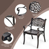 Outdoor cast aluminum chair with armrests, curved seat, and adjustable anti-slip foot pads for patio and garden use.