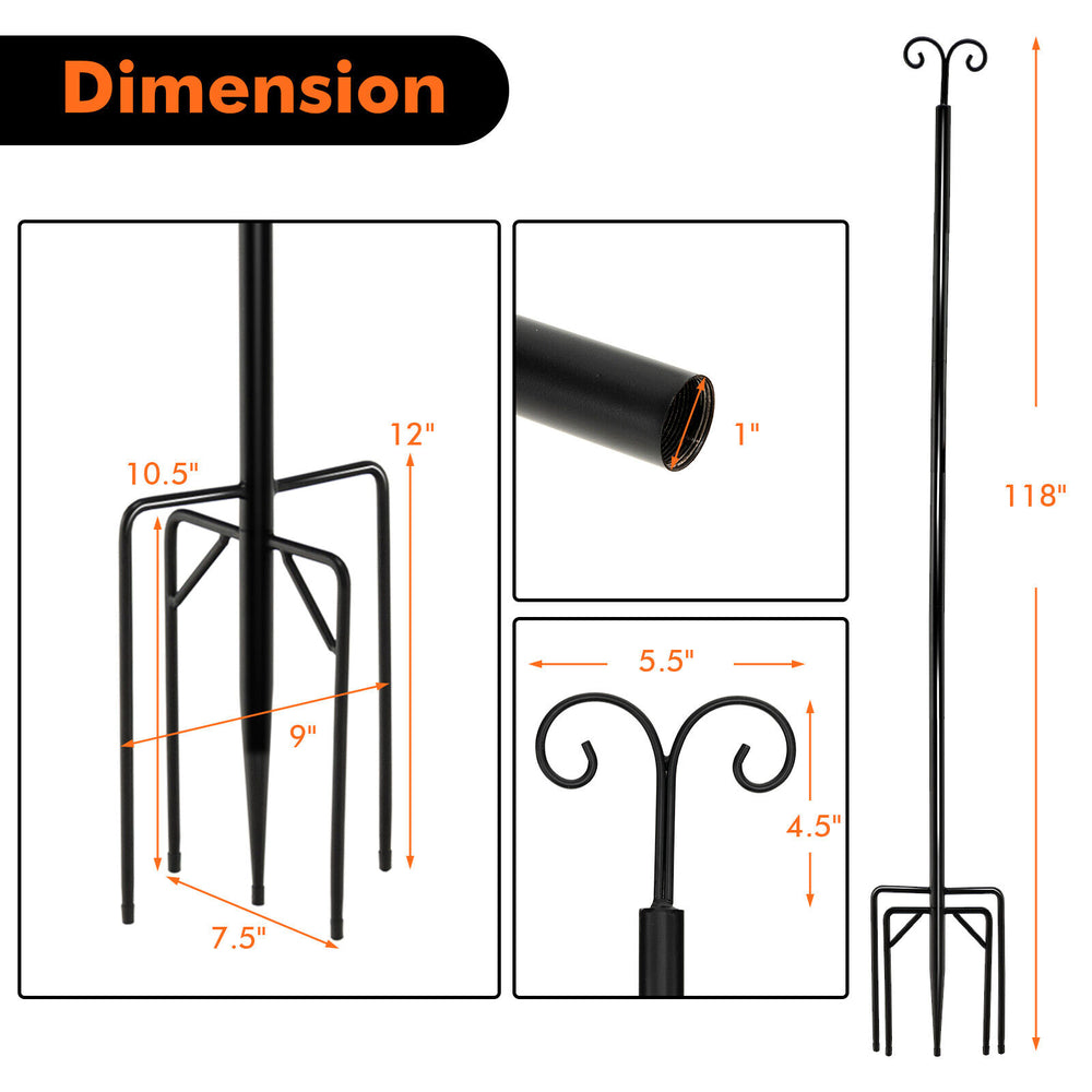 5-prong base string light pole with top arc hook, made of carbon steel, 10 ft height, ideal for outdoor decoration.