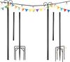 Two outdoor metal string light poles with top arc hook and 5-prong base, made of durable carbon steel for stability.