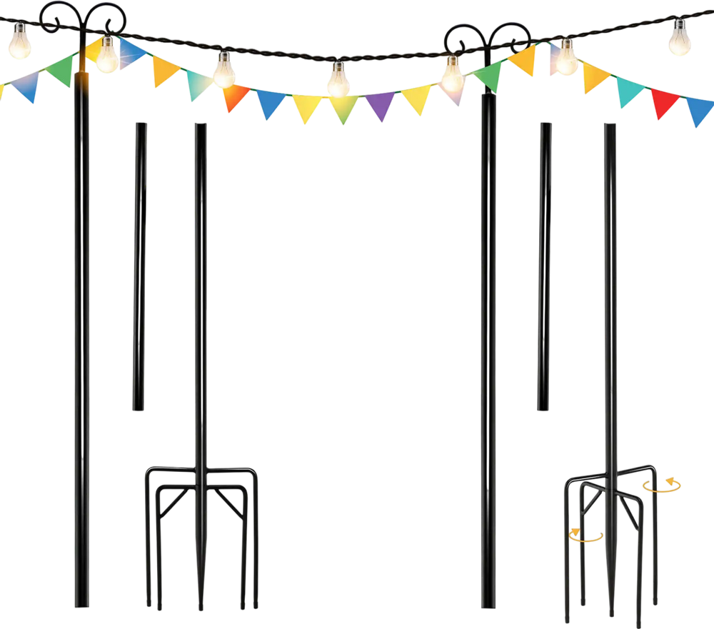 Two outdoor metal string light poles with top arc hook and 5-prong base, made of durable carbon steel for stability.