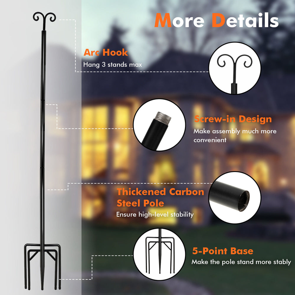 10 ft outdoor string light pole with arc hook and 5-prong base, made of durable carbon steel for stability and easy.