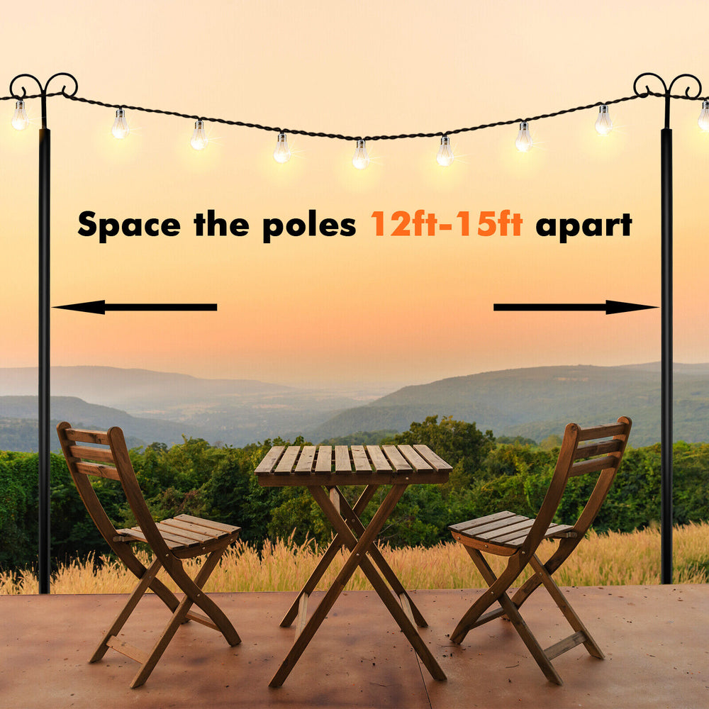 Outdoor string light poles with 5-prong base, made of carbon steel, spaced 12ft-15ft apart for cozy atmosphere.