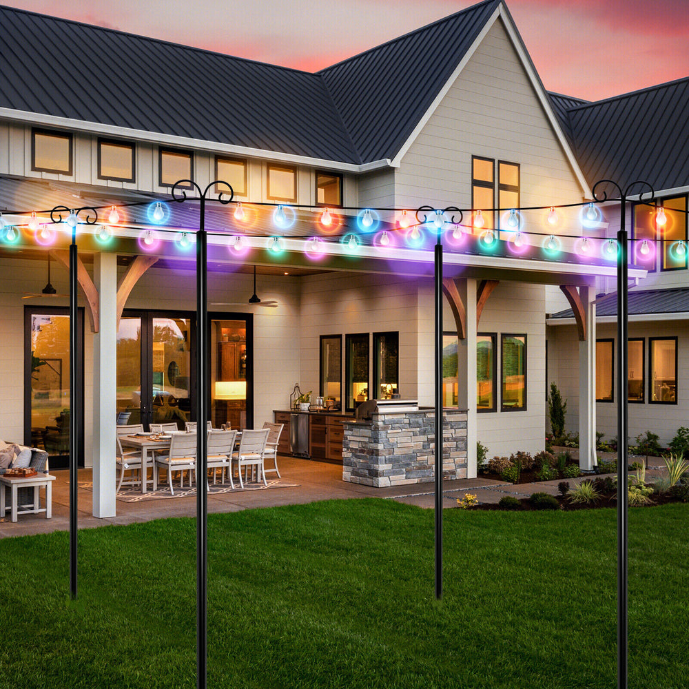 Outdoor metal string light poles with top arc hook and 5-prong base, ideal for backyard and patio decoration.
