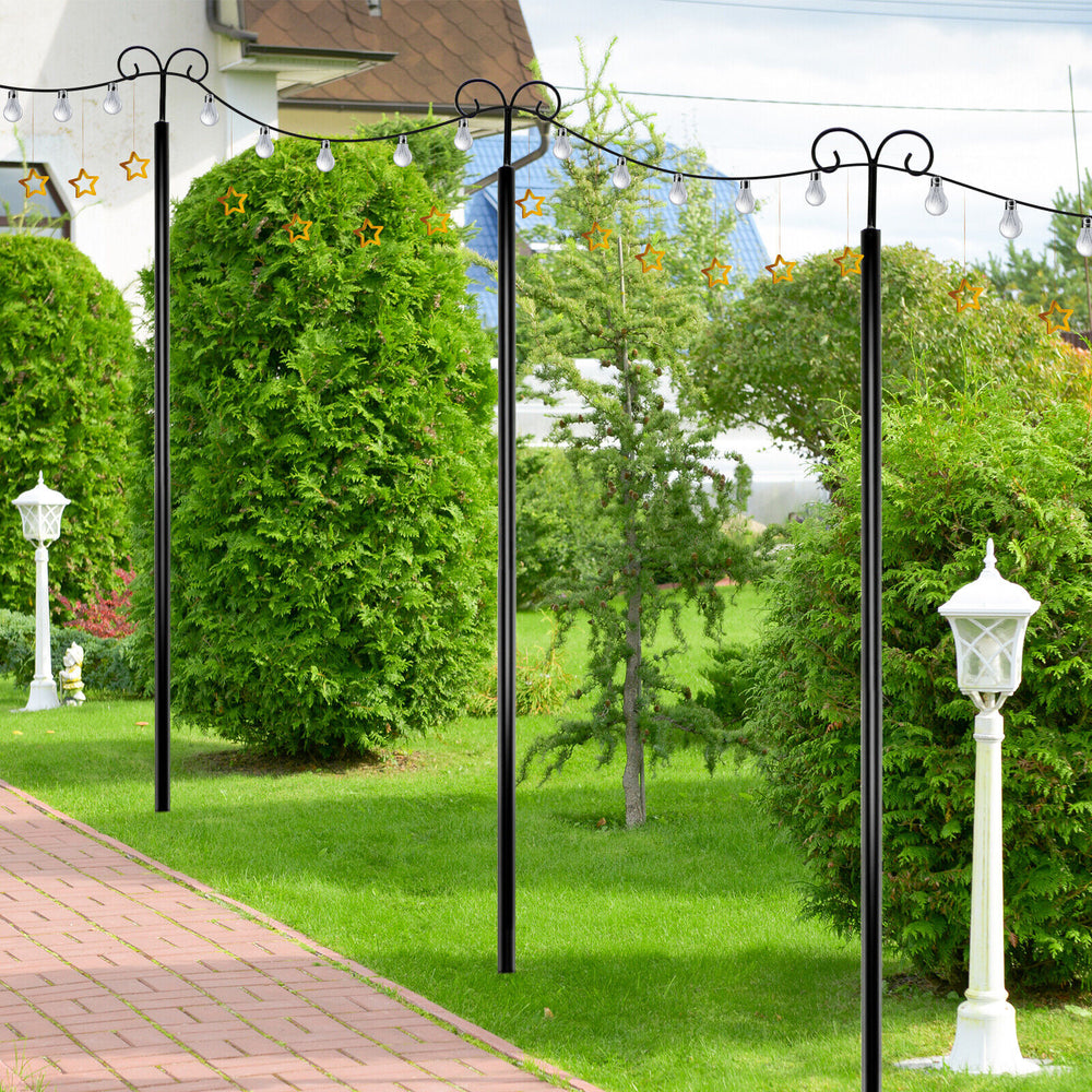Outdoor string light poles with arc hook and 5-prong base, made of durable carbon steel for stable yard decoration.