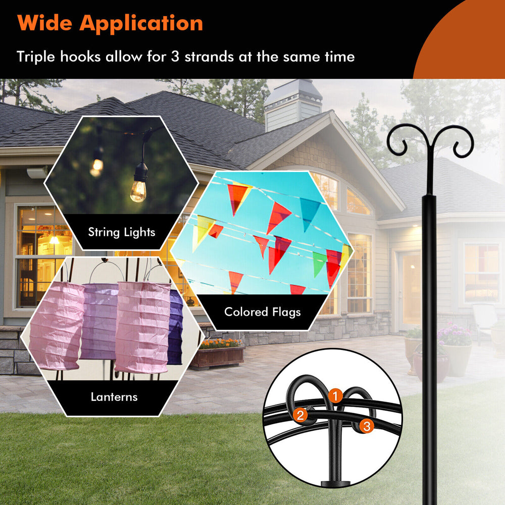 Outdoor metal string light poles with top arc hook, 10 ft height, stable 5-prong base for yard and patio decoration.