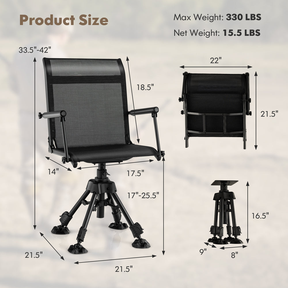 Folding swivel patio chair with adjustable legs, breathable mesh, and rustproof frame, ideal for outdoor comfort.