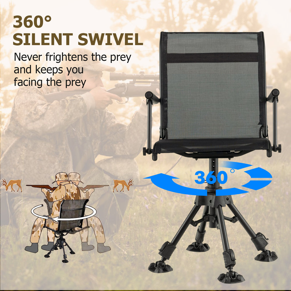 Folding swivel patio chair with adjustable legs, breathable mesh, and noiseless 360° rotation for outdoor comfort.