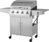 5-burner propane gas grill in silver with side burner and prep tables, ideal for outdoor cooking and grilling.