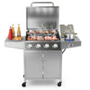 5-burner propane gas grill with side burner, stainless steel, large cooking area, ideal for outdoor grilling.