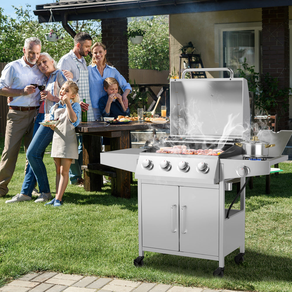 50000BTU 5-burner propane gas grill with side burner and prep tables, perfect for outdoor cooking and gatherings.