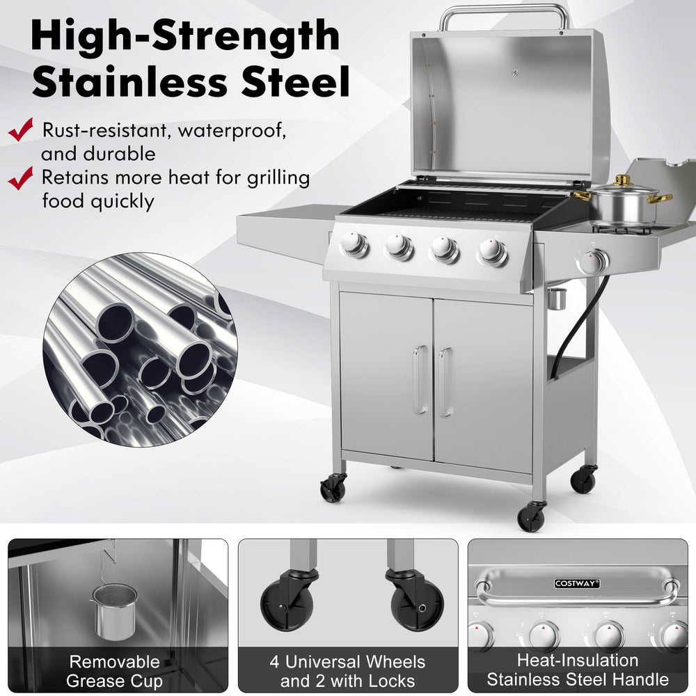 50000BTU 5-burner propane gas grill in silver with side burner and prep tables, ideal for outdoor cooking.
