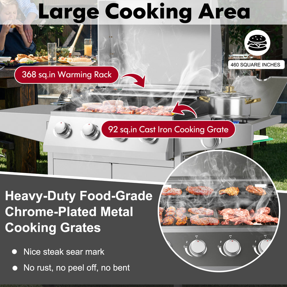 Large cooking area of the 50000BTU 5-burner propane gas grill with heavy-duty chrome-plated grates for perfect searing.