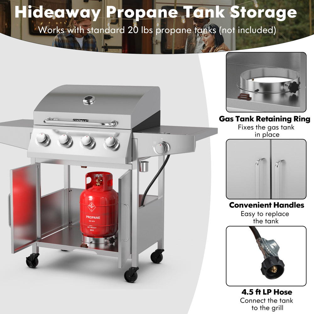 50000BTU 5-burner propane gas grill with side burner and prep tables, featuring stainless steel construction for.
