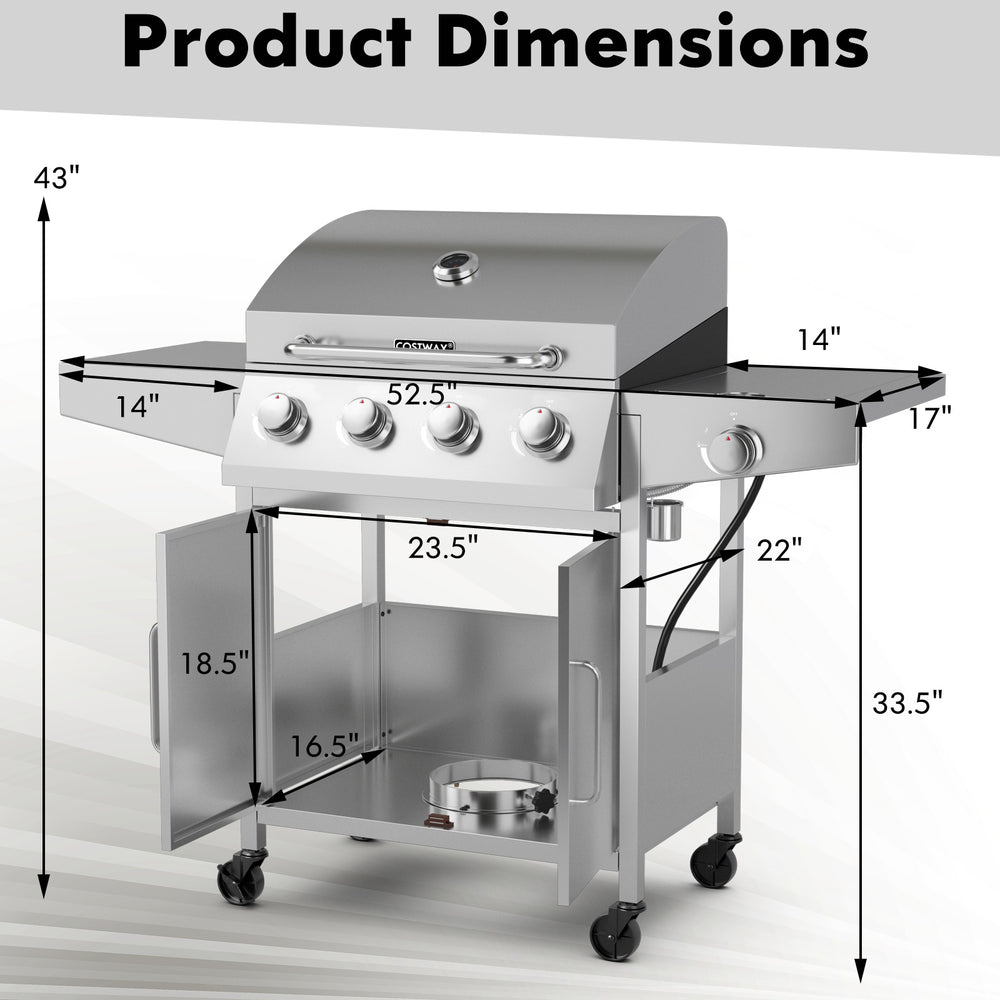 50000BTU 5-burner propane gas grill dimensions with side burner and prep tables, ideal for outdoor cooking.