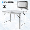 4 feet folding ice bin table with skirt, waterproof HDPE tabletop, ideal for camping, picnics, and weddings.