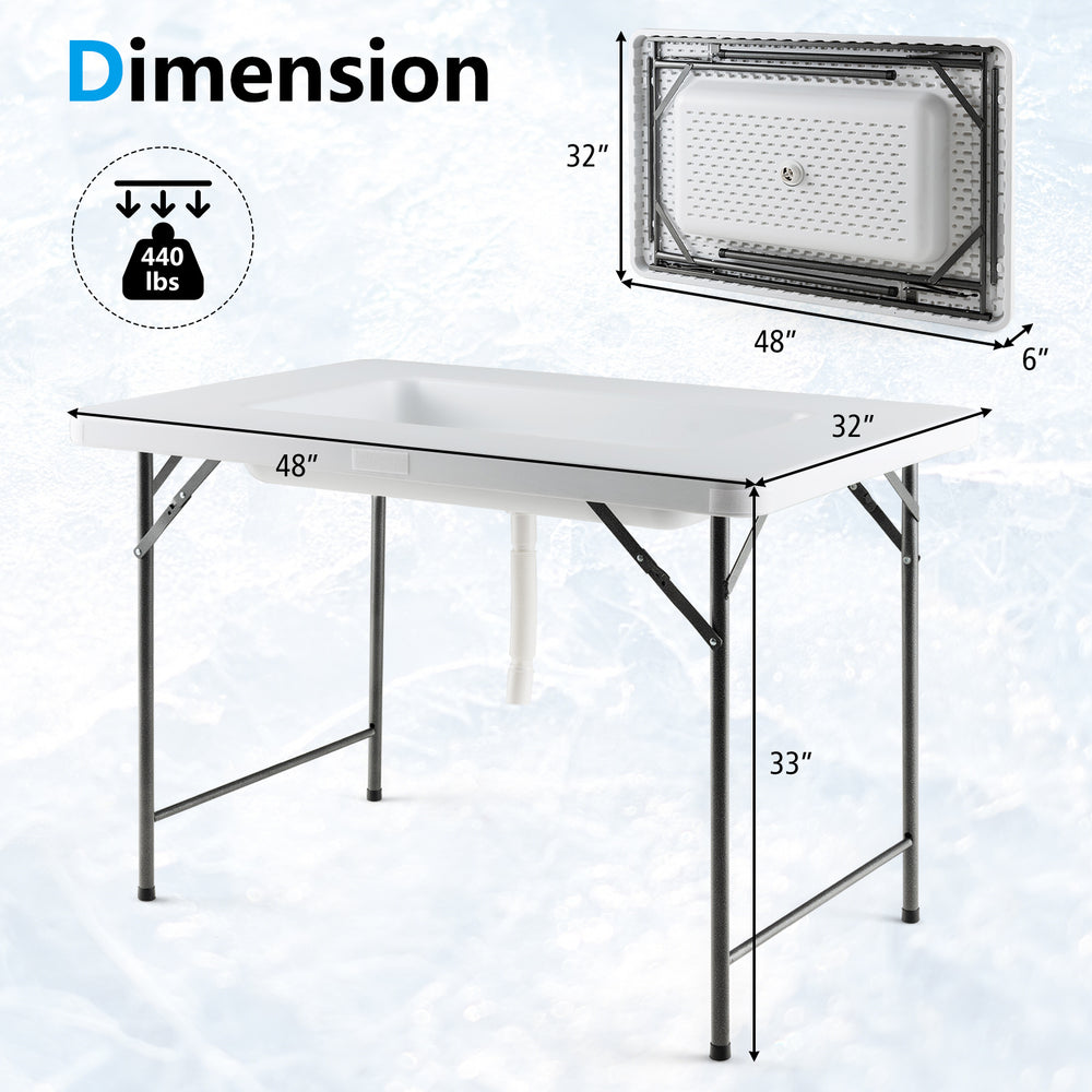 4 feet folding ice bin table with skirt, waterproof HDPE tabletop, ideal for camping, picnics, and weddings.