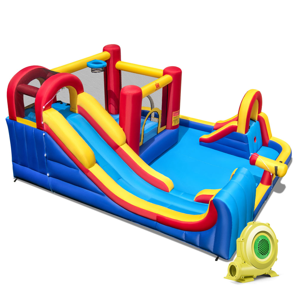 Colorful 7 in 1 inflatable bounce house with water slides and splash pools, ideal for outdoor fun and backyard parties.