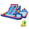 Inflatable bounce house with dual water slides, three water cannons, and a splash pool for summer fun.