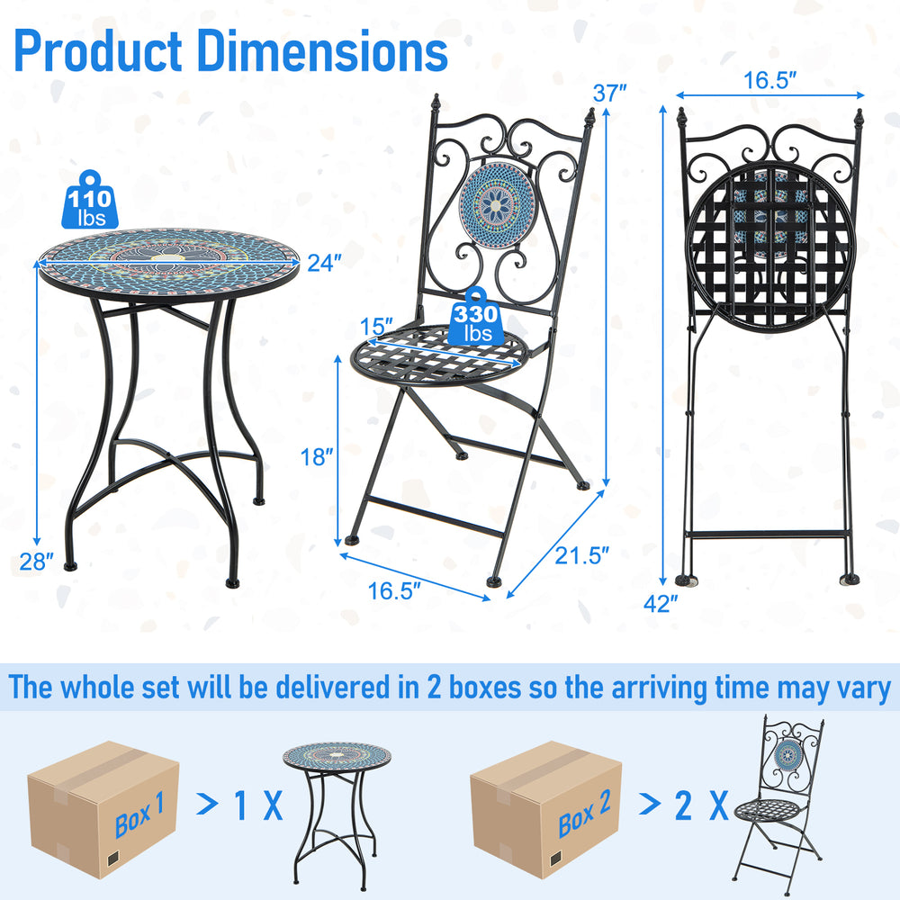 Mosaic-patterned 3 piece patio bistro set dimensions, featuring a heavy-duty metal frame for indoor and outdoor use.