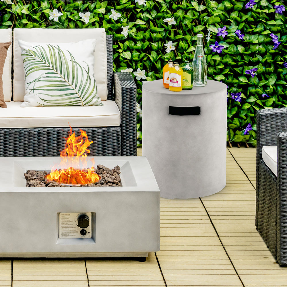 Outdoor weather-resistant tank hideaway table for 20 lbs propane gas tank, featuring a natural ore powdered surface.