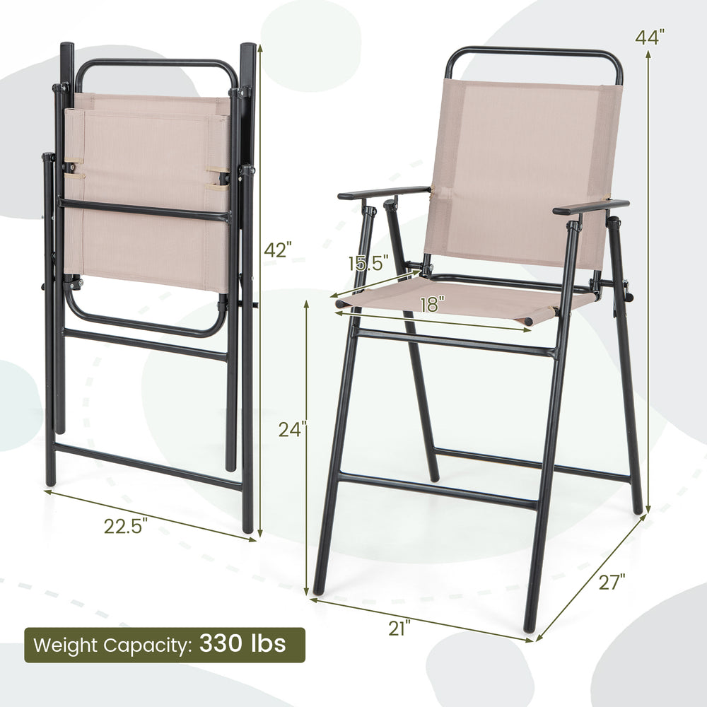 Folding bar-height chair set in beige with armrests, featuring breathable mesh and sturdy metal frame for outdoor use.