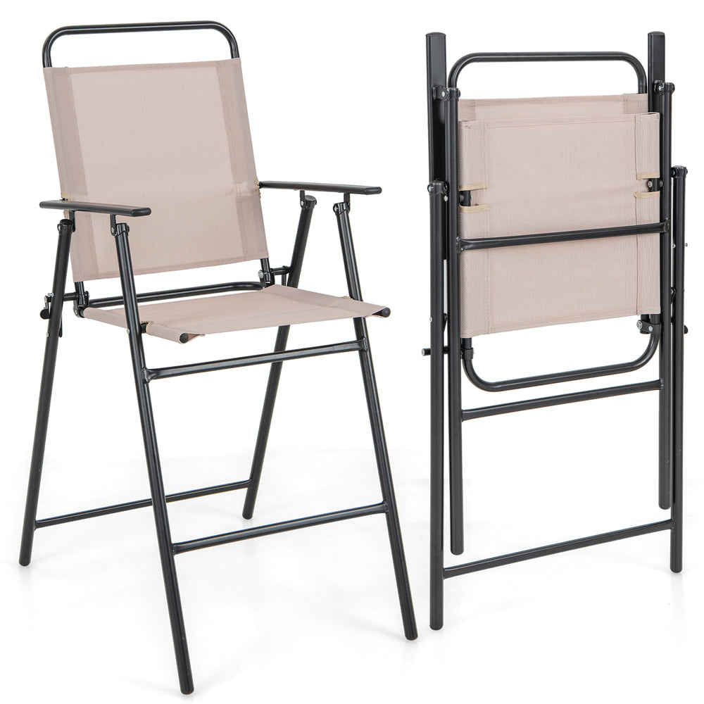 Beige patio folding bar-height chair with armrests, quick-drying seat, and sturdy powder-coated metal frame for outdoor.