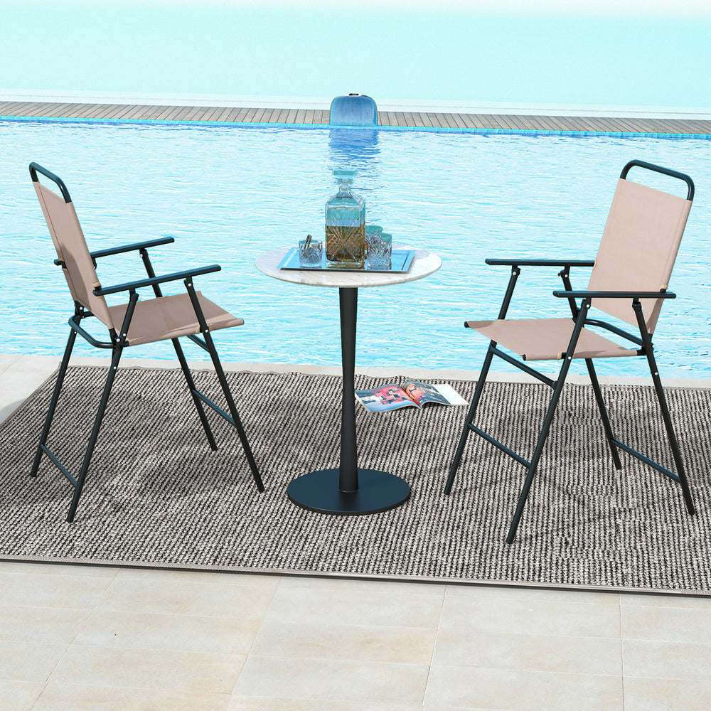 Set of 2 beige patio folding chairs with armrests, featuring breathable mesh fabric, by the poolside for outdoor.