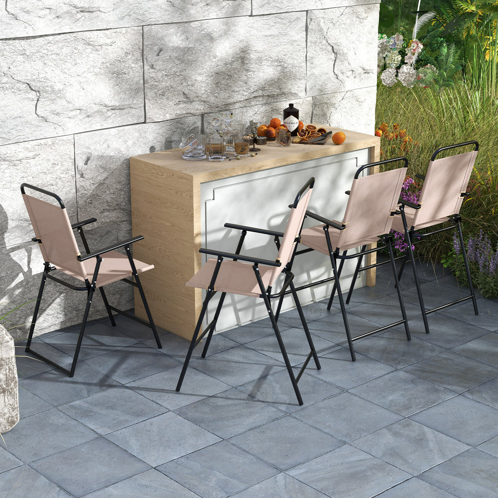 Set of 2 beige patio folding bar-height chairs with armrests, featuring breathable mesh fabric for outdoor relaxation.