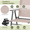 Set of 2 beige patio folding chairs with armrests, breathable fabric, and sturdy powder-coated metal frame for outdoor.