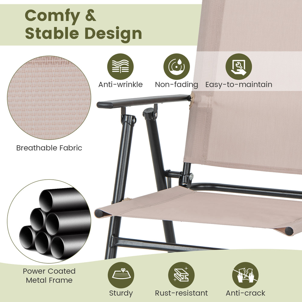 Set of 2 beige patio folding chairs with armrests, breathable fabric, and sturdy powder-coated metal frame for outdoor.