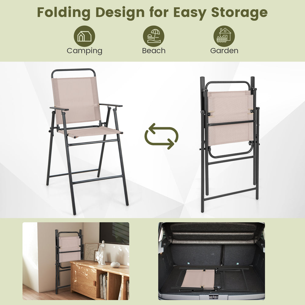 Patio folding bar-height chair with armrests in beige, featuring a breathable mesh seat and compact folding design for.