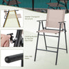 Patio folding bar-height chair with armrests, beige quick-drying seat, and locking buckle for outdoor relaxation.