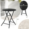 23-inch round bistro table with tempered glass tabletop, featuring a sturdy metal frame, ideal for outdoor and indoor.