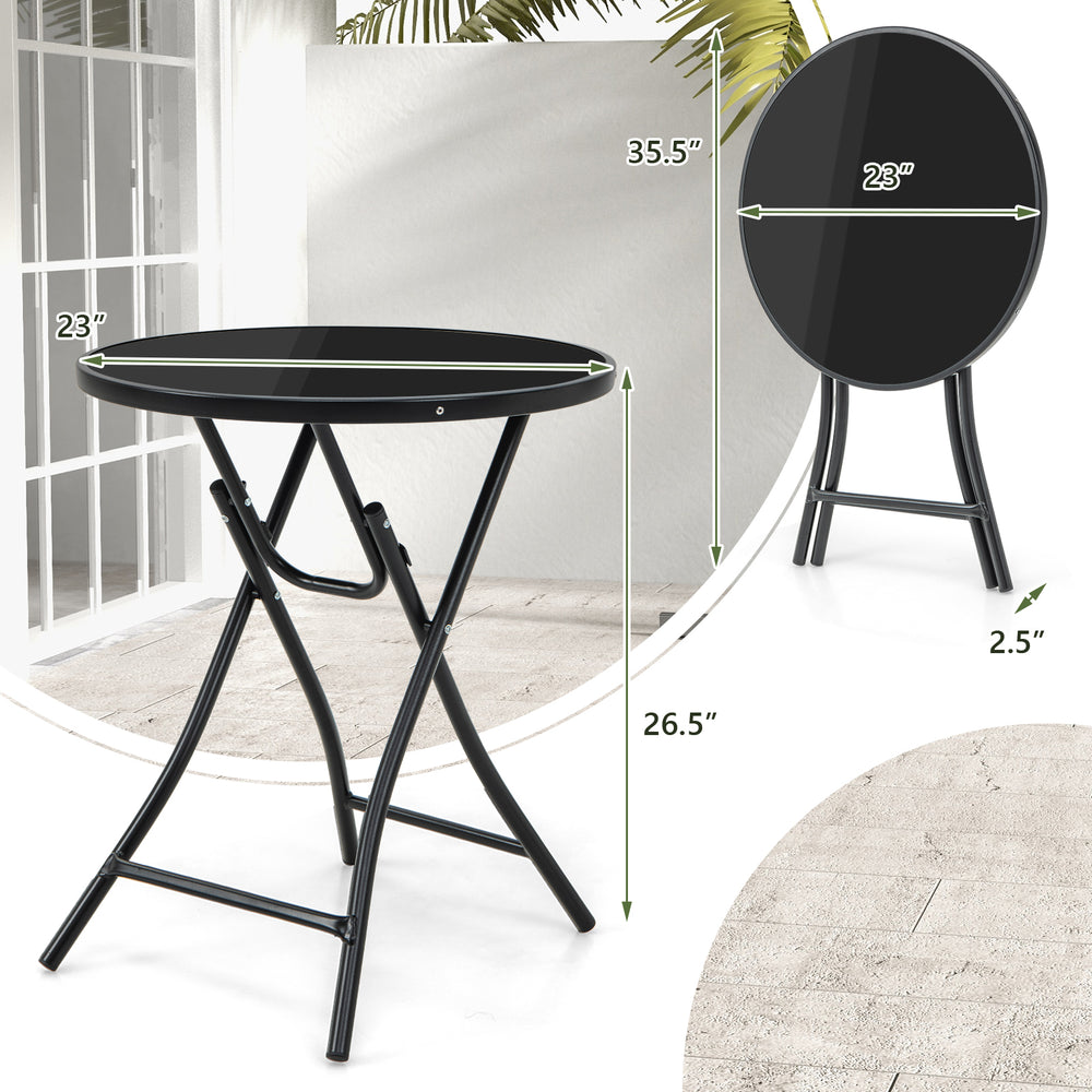 23-inch round bistro table with tempered glass tabletop, featuring a sturdy metal frame, ideal for outdoor and indoor.