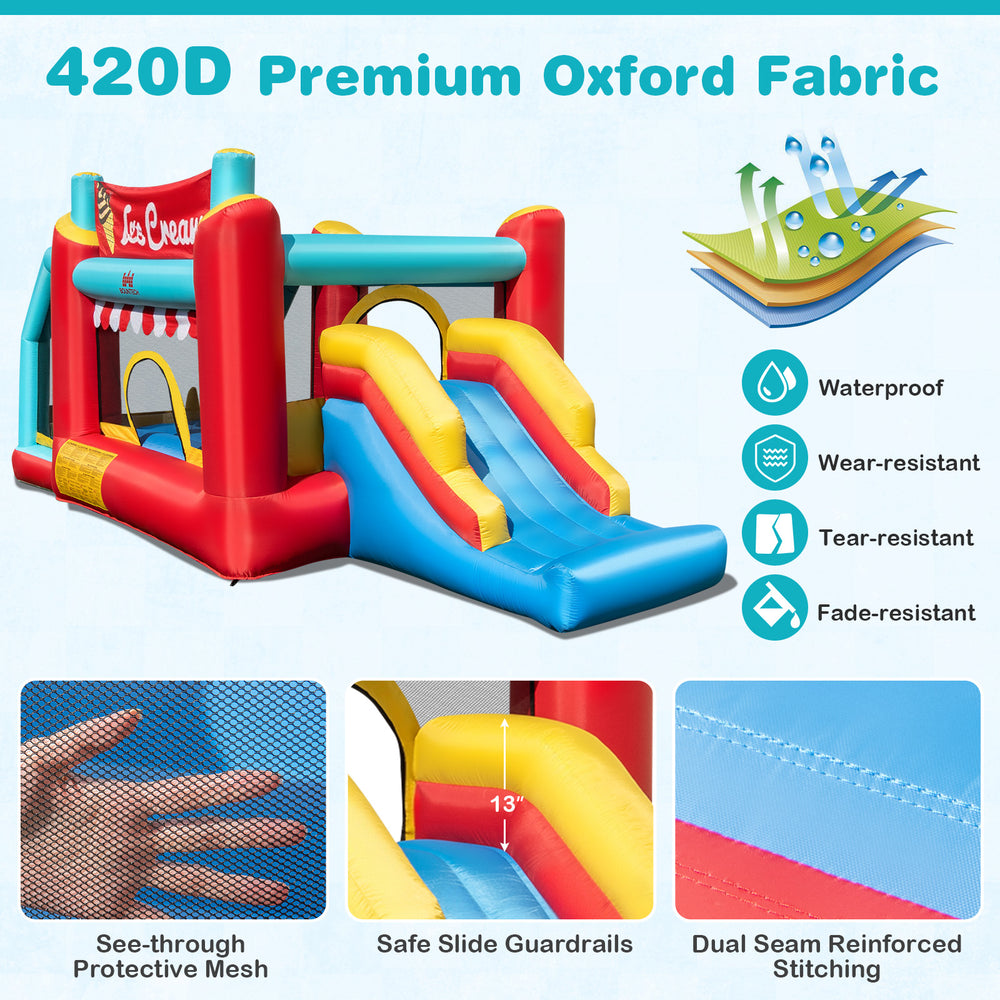 5-in-1 Ice Cream inflatable bounce house with slide and ball pit, made of 420D Oxford fabric for durable outdoor fun.