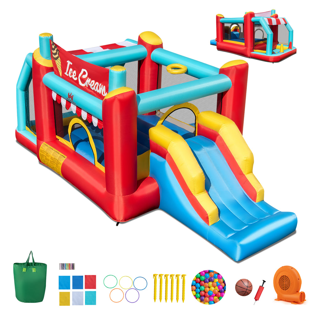 5-in-1 Ice Cream inflatable bounce house with slide, ball pit, and accessories for kids' outdoor fun and exercise.