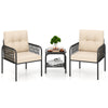 Two beige cushioned chairs with a tempered glass table in a 3-piece patio bistro set for outdoor conversation.