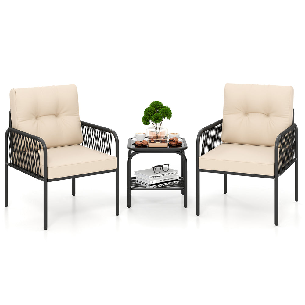 Two beige cushioned chairs with a tempered glass table in a 3-piece patio bistro set for outdoor conversation.