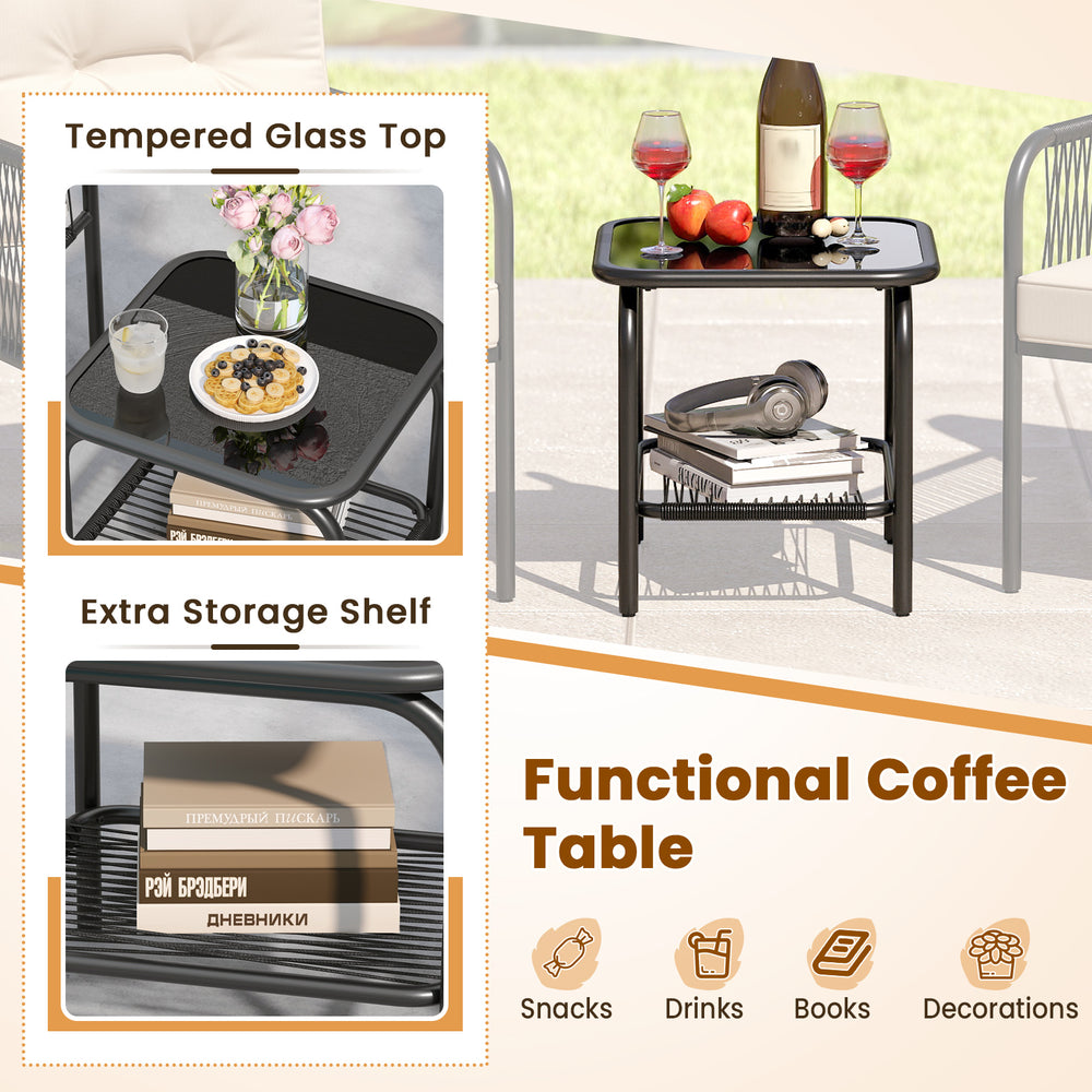 Tempered glass top coffee table with extra storage shelf, made of durable PE rattan, ideal for outdoor use.