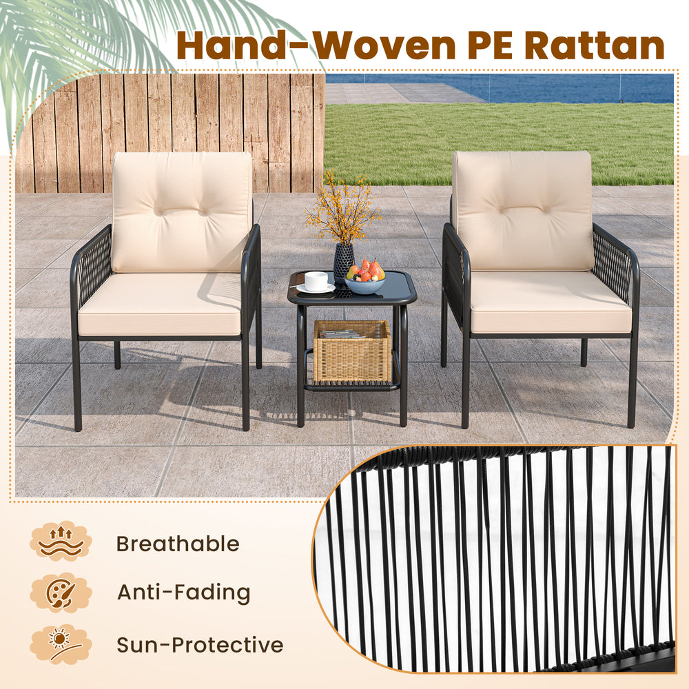 Two beige cushioned chairs with a glass top table, made of hand-woven PE rattan, ideal for outdoor patio use.