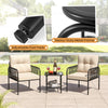 Two beige cushioned chairs with a tempered glass table, featuring a heavy-duty metal frame for outdoor patio use.