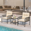 Two beige cushioned chairs and a glass-top table in a patio setting, perfect for outdoor conversations.