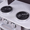 Kids wooden kitchen play set featuring two realistic stovetop burners with working knobs for imaginative cooking fun.